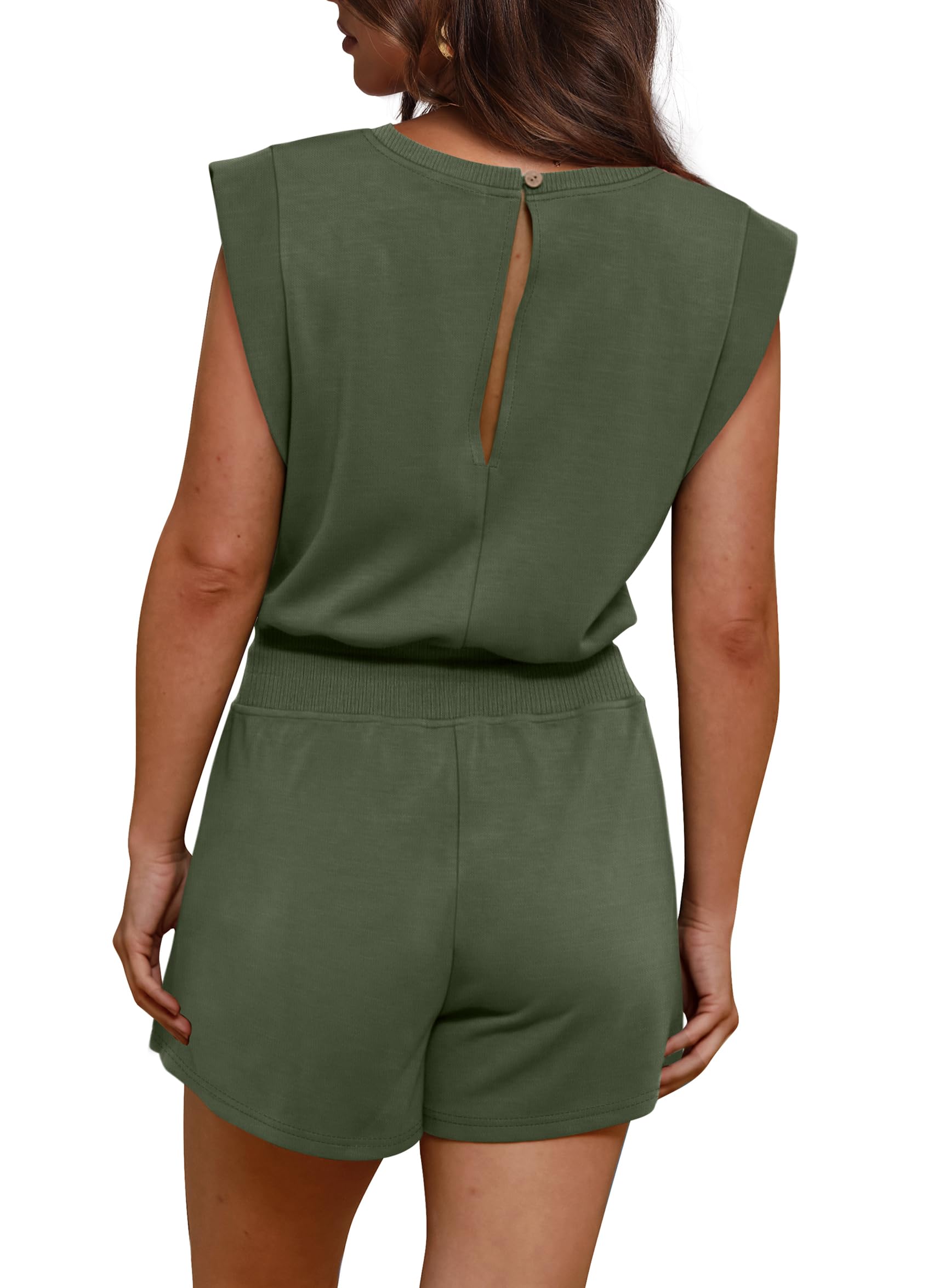 OFEEFAN Women's Summer Rompers - Cap Sleeve, Adjustable Drawstring Waistband, Crewneck Casual Jumpsuit with Pockets | Perfect for Beach Vacations, Outdoor Activities & Everyday Wear