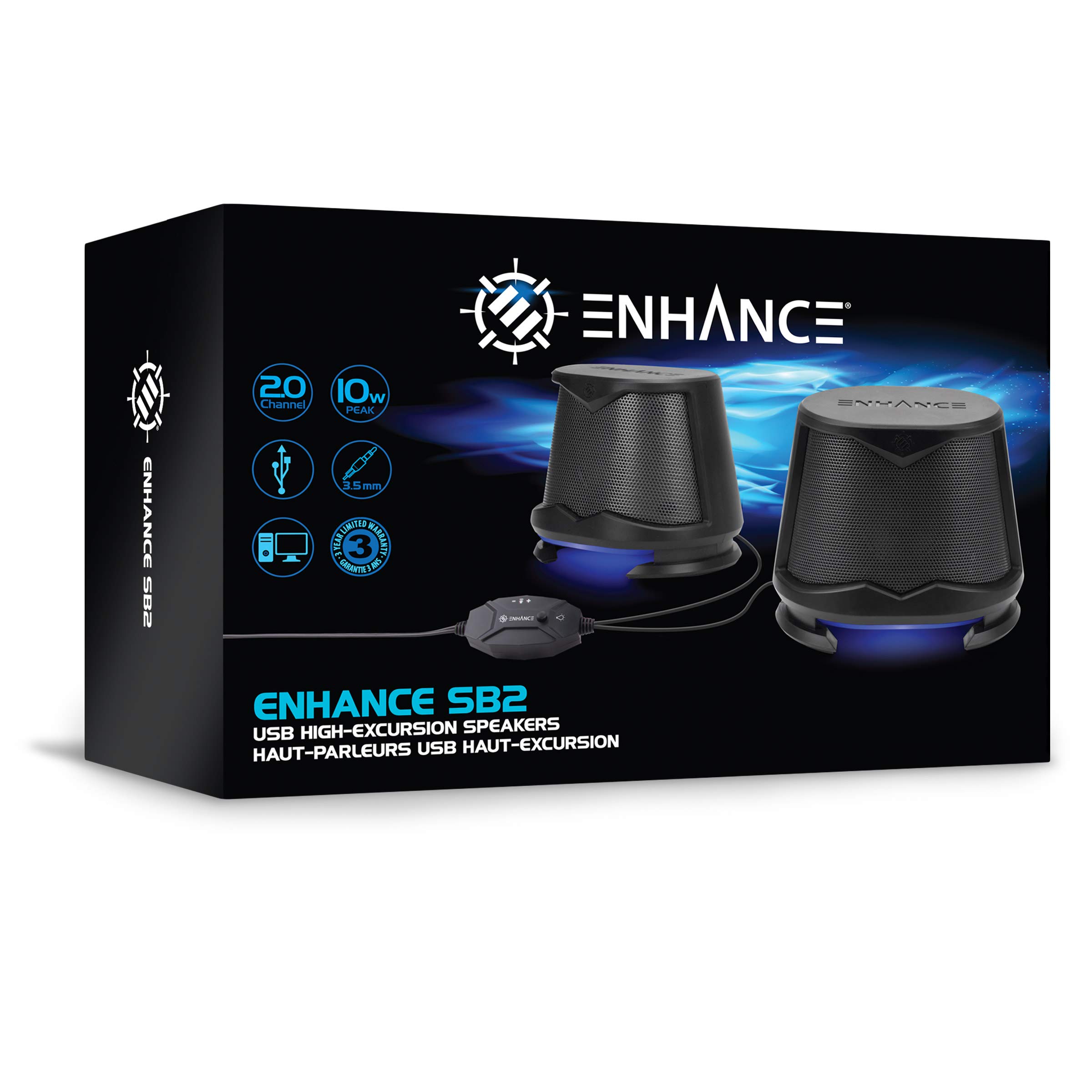 ENHANCE SB2 PC Speakers with Blue LED Lights - 2.0 USB Powered Computer Speakers (10W Peak, 3.5mm Wired Connection, In-Line Volume Control) - Ideal for Gaming, Desktop, Laptop & PC Setup - Black | Perfect for Home Office, Streaming & Multimedia Entertainment