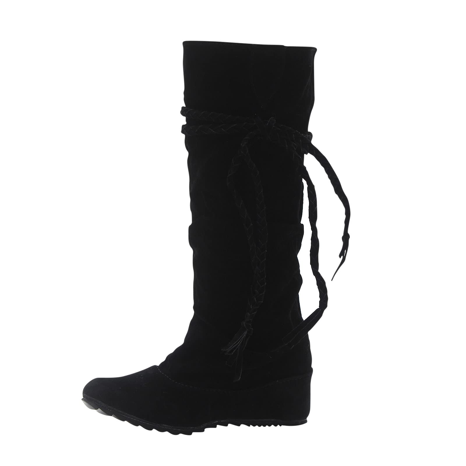 Women's Vintage Suede Platform Knee High Boots - Winter Wedge Heel Round Toe with Tassel Strap, Non-Slip Casual Shoes for Women | Perfect for Cold Weather, Office Wear, and Retro Fashion Outfits