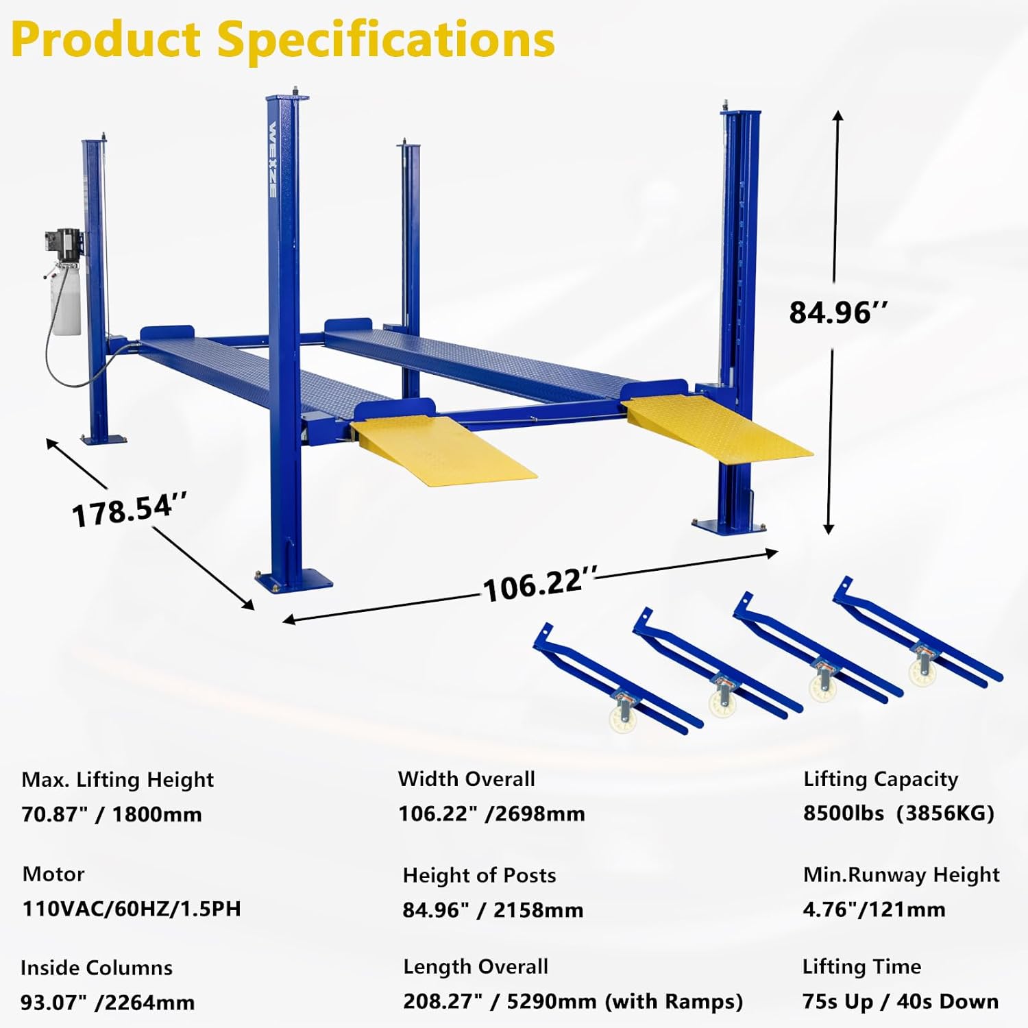 WEIZE 8500lbs 4 Post Car Lift with Caster Kits - Heavy Duty Auto Storage Lift for Home Garage, Vehicle Parking & Maintenance - Perfect for Car Enthusiasts & DIY Mechanics