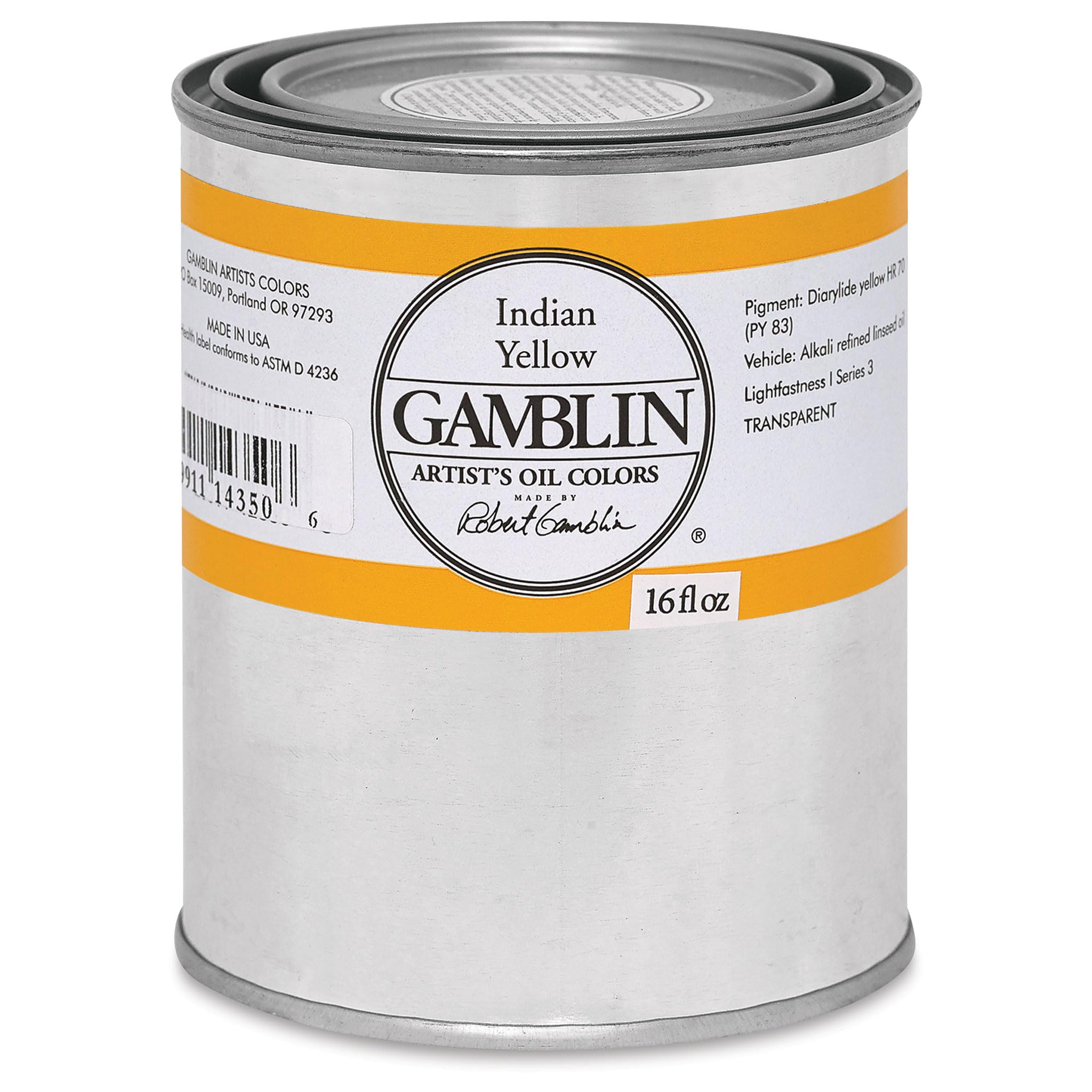 Gamblin Artist's Oil Color 16 oz Can - Indian Yellow | Professional Oil Paint for Artists | Perfect for Landscape & Portrait Painting