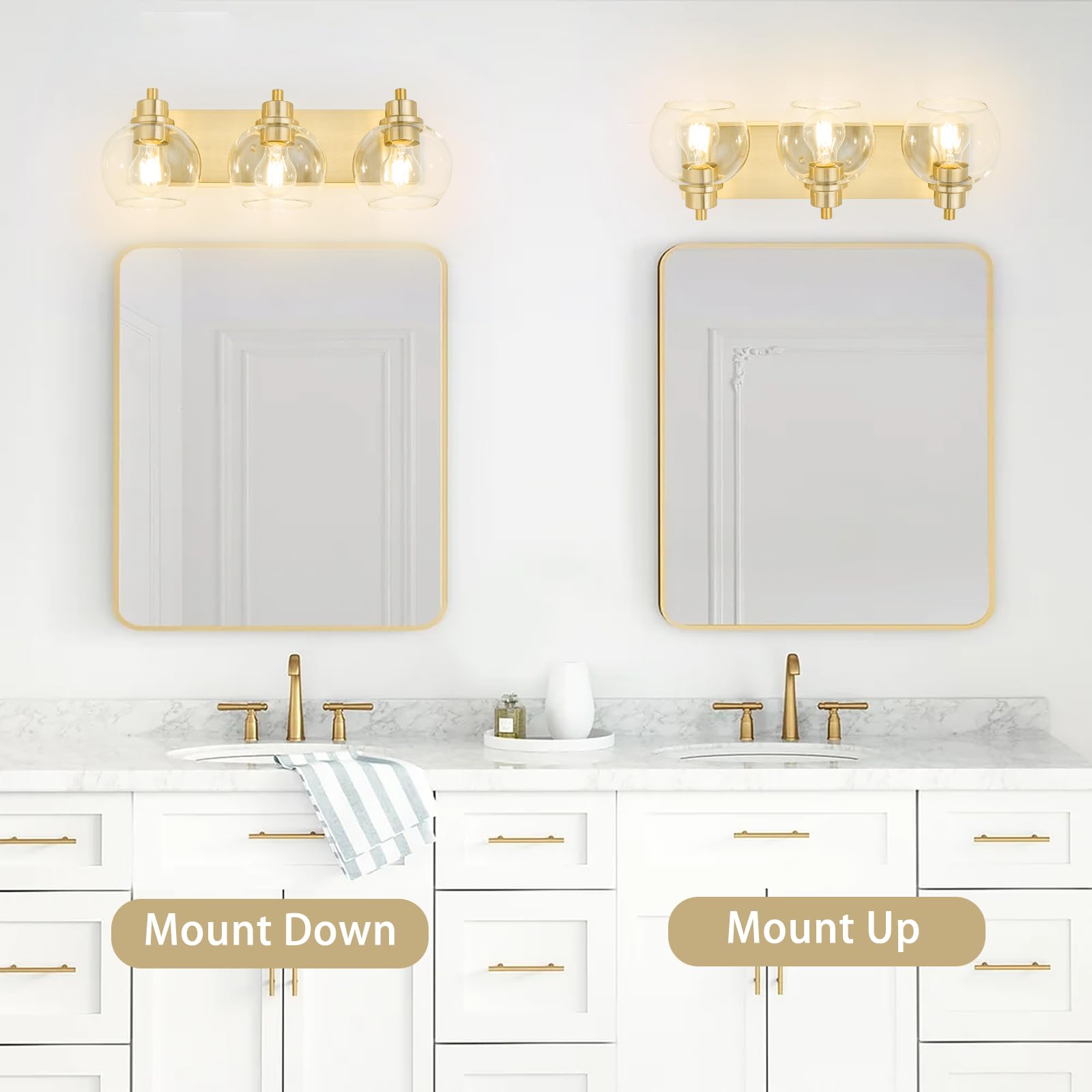 Tuscarora Gold Bathroom Vanity Light - 3-Light Brushed Gold Fixture with Clear Glass Shade for Mirror Lighting | Elegant Bathroom Lighting for Vanity, Dressing Room & Powder Room