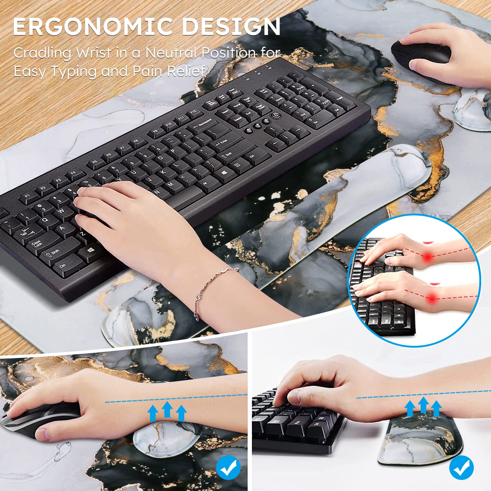 iCasso XXL Gaming Desk Mat with Memory Foam Wrist Rest - 3-in-1 Large Mouse Pad, Keyboard Pad & Ergonomic Support (35.4x15.7in) Ultra Thick Grey Ink Marble Design - Perfect for PC Gaming, Office Work & Pain-Free Typing