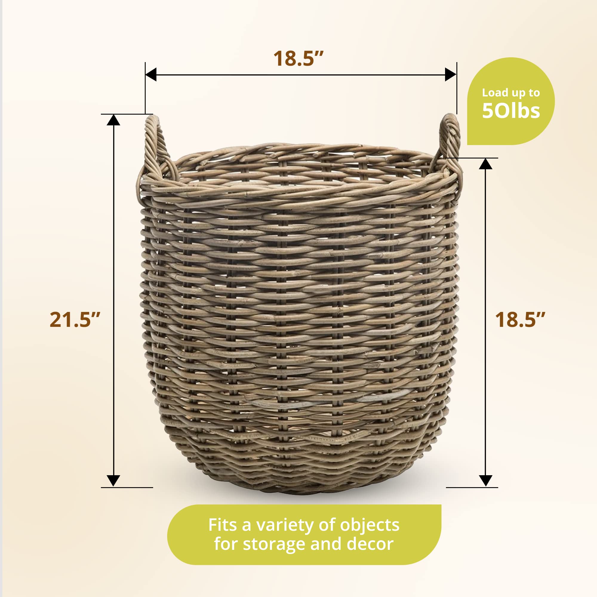 KOUBOO Handwoven Rattan Storage Basket with Handles - Round Woven Seagrass Organizer for Home Decor, Bedroom, Bathroom & Nursery - Gray-Brown Natural Fiber Basket for Toys, Blankets & Essentials