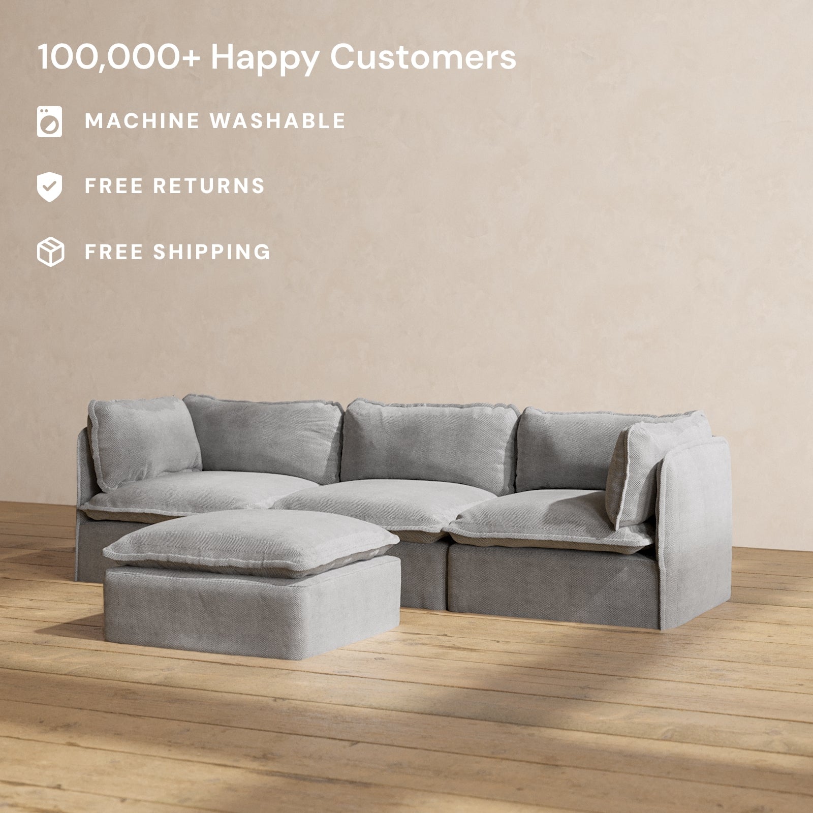 Premium Modular Performance 3-Seater Sofa with Ottoman in Ash Gray | Modern Sectional Couch for Living Room, Lounge & Home Theater | Durable & Comfortable Relaxing Blend Fabric