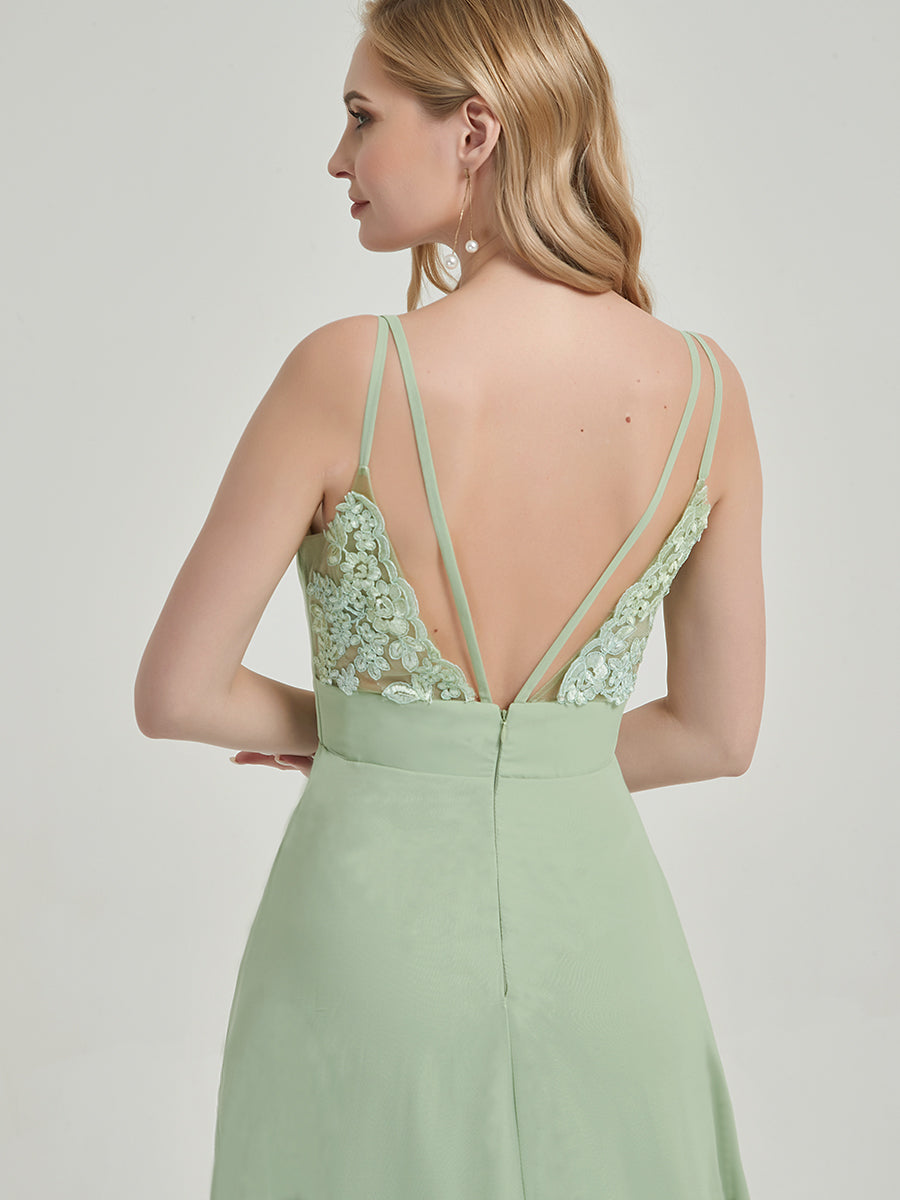 Cornflower Blue Spaghetti Strap Slit Lace Chiffon Bridesmaid Dress - Elegant Formal Gown for Weddings, Prom & Evening Events