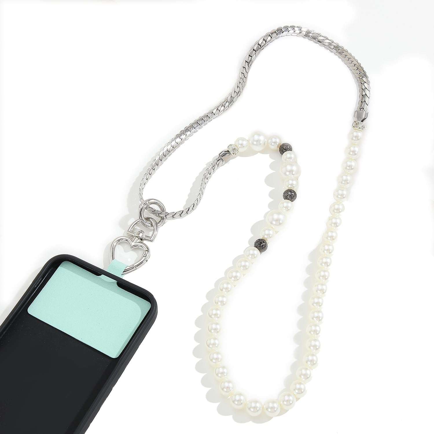 Stainless Steel Pearl Beads Charm Chain Phone Necklace - Adjustable Smartphone Lanyard Holder for iPhone, Samsung, Android - Perfect for Work, Travel, and Hands-Free Convenience