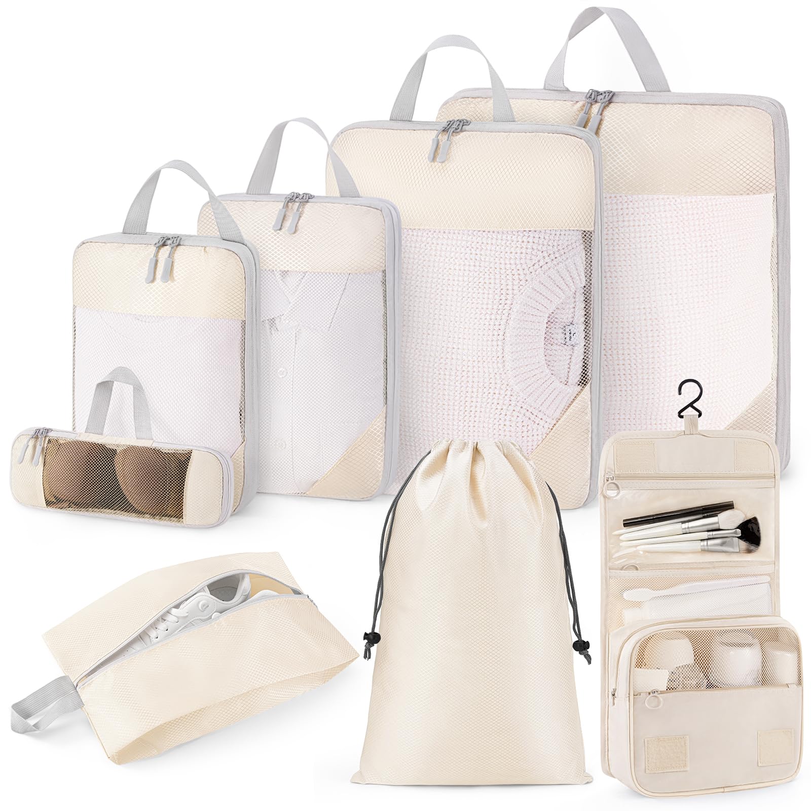 8-Piece Compression Packing Cubes Set - Travel Organizer Bags with Toiletries & Shoe Bag | Space-Saving Luggage Organizer for Suitcases | Perfect for Business Trips, Vacations & Weekend Getaways (Beige)