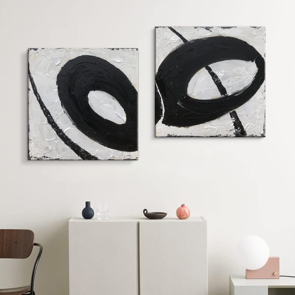 Black and White Abstract Oil Painting - 100% Hand Painted Canvas Art for Bedroom, Living Room & Kitchen Wall Decor - 31.5x31.5 Inch Modern Mural Set of 2 - Perfect for Contemporary Home & Office Interior Design
