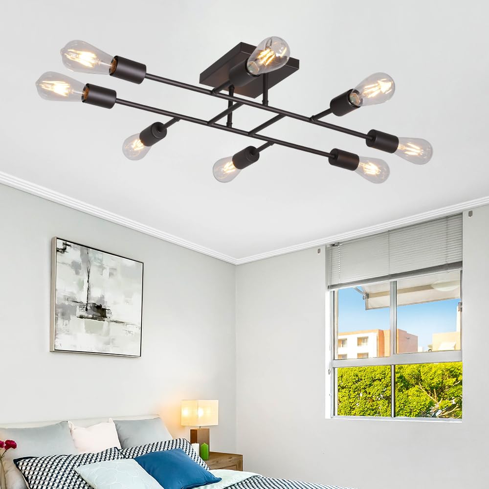 Vintage 8-Light Oil Rubbed Bronze Sputnik Chandelier - Mid Century Modern Semi-Flush Mount Ceiling Light Fixture for Dining Room, Living Room, Kitchen & Entryway - Perfect for Retro Home Decor and Industrial Style Interiors