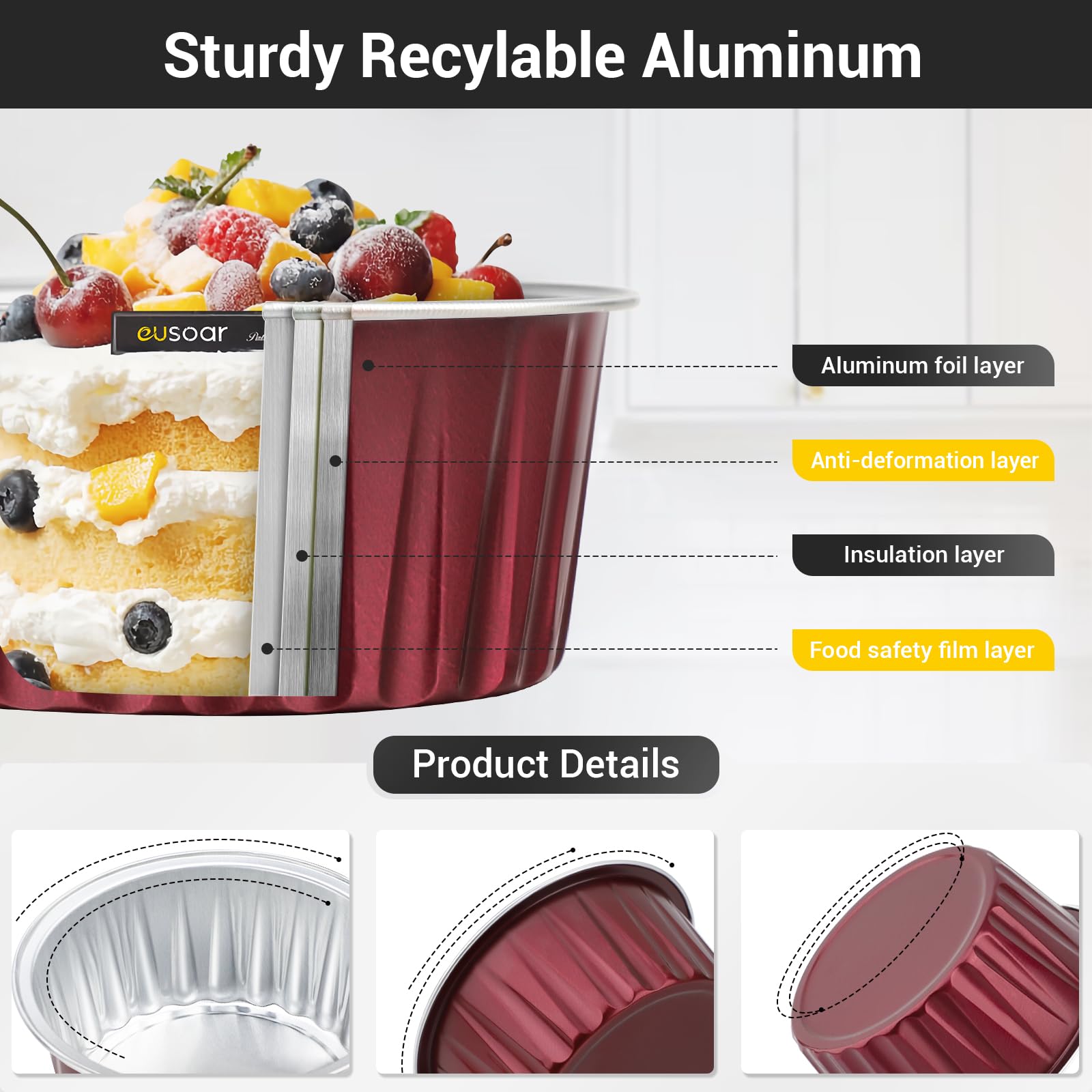 EUSOAR 30-Pack 5oz Disposable Creme Brulee Ramekins - Aluminum Foil Baking Cups with Lids for Cheesecake, Cupcakes & Desserts - Perfect for Home Baking, Party Treats & Catering Events