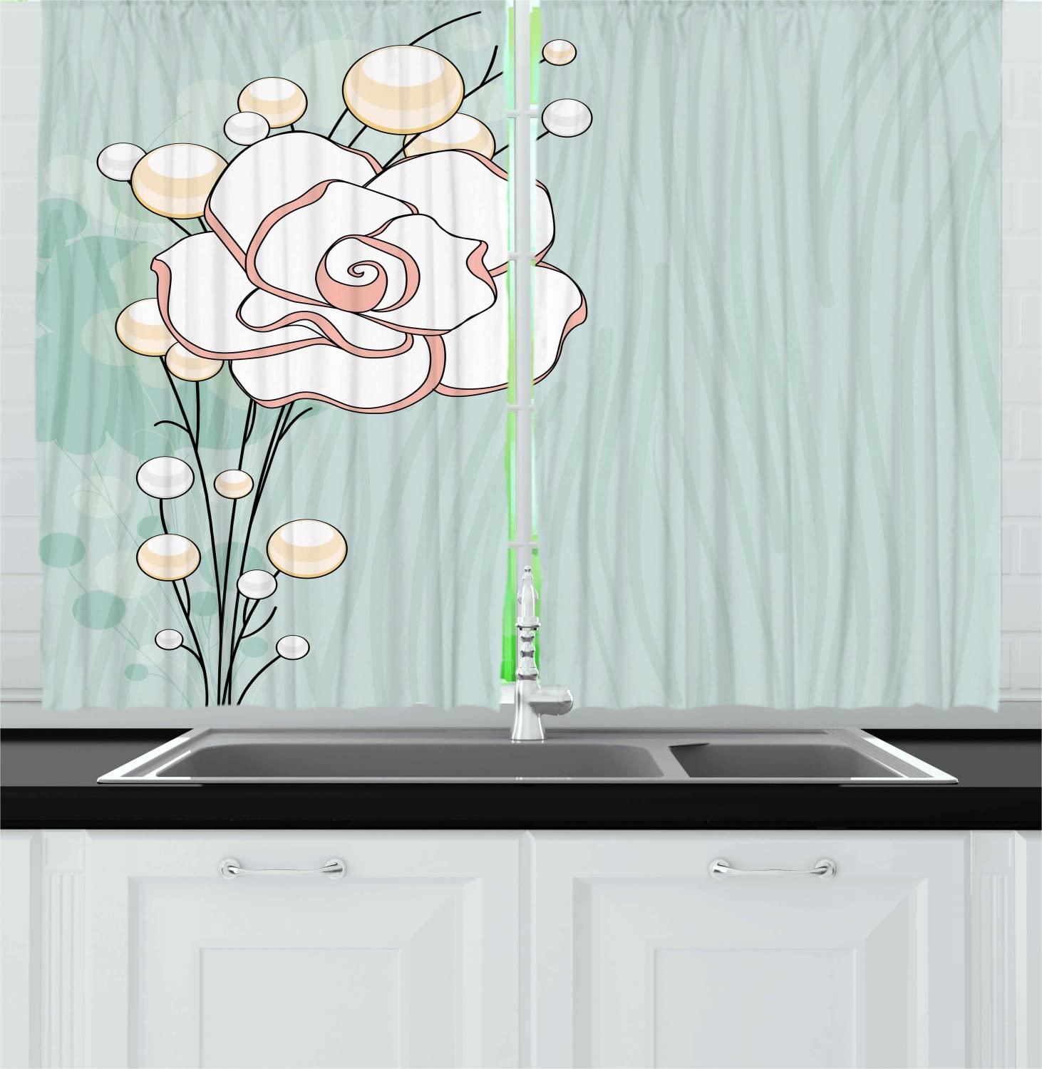 Ambesonne Floral Long Kitchen Curtains - Romantic Rose & Pearl Design Symbolizing Eternal Love, Pure Print Drapes with Rod Pocket, Set of 2 Panels (55x45 inches) in Baby Blue, White & Pink | Perfect for Farmhouse, Cottage & Vintage Style Kitchen Decor