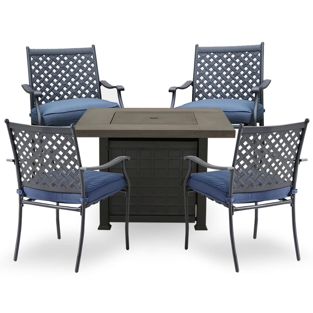PatioFestival 5-Piece Outdoor Conversation Set with 50,000 BTU Propane Fire Pit Table & Stackable Chairs - CSA Certified, Weather-Resistant, 33.9 Inch Blue Patio Furniture for Backyard, Garden, Poolside Relaxation & Entertaining