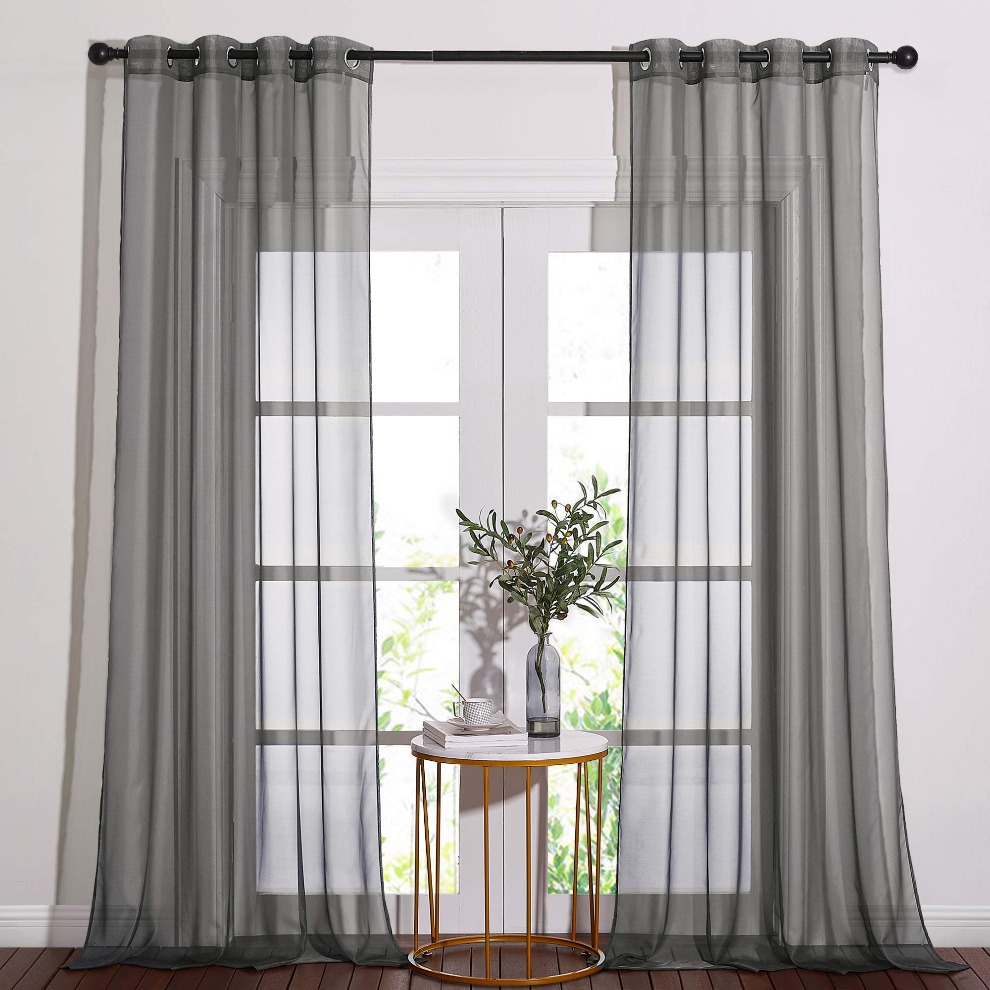 NICETOWN Sheer Living Room Curtains - Elegant Dark Grey Soft Nickel Grommet Window Panels Drapes for Living Room, Dining Room & Bedroom (54