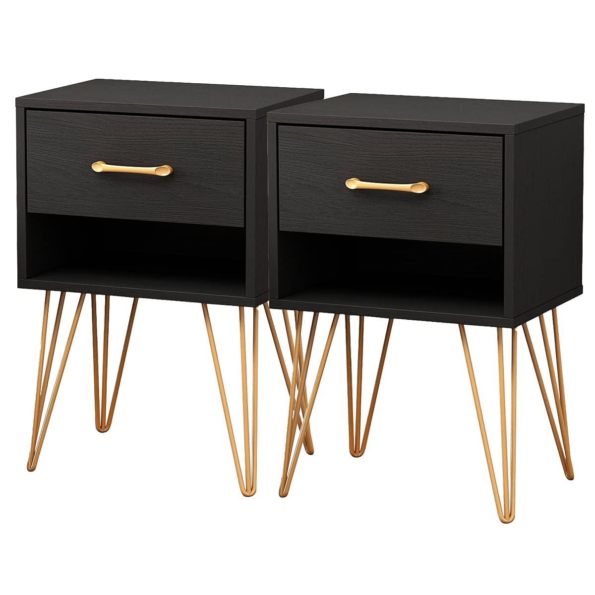 Homsee Nightstand Set of 2 - Modern Side Table with Drawer & Shelf, Sturdy Metal Legs, Minimalist Bedroom End Table (Black) - Perfect for Bedroom, Living Room, or Office Use