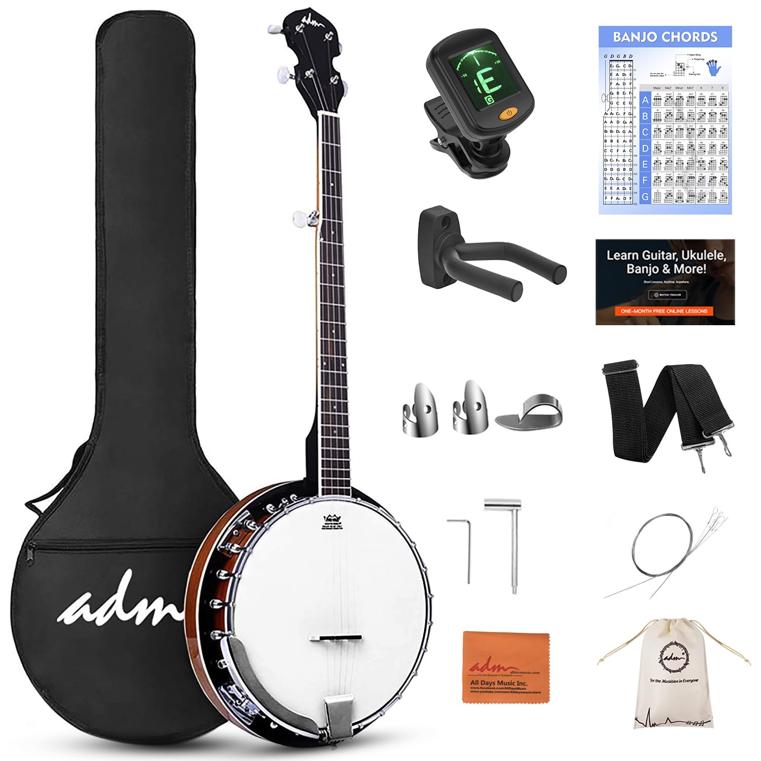 ADM 5-String Full Size Banjo Kit for Beginners - 38 Inch Resonator Banjo with Remo Drum Head, Open/Closed Back Options, Free Lessons & Starter Accessories - Perfect Gift for Adults & Teens (Brown) - Ideal for Bluegrass, Folk Music & Country Performances