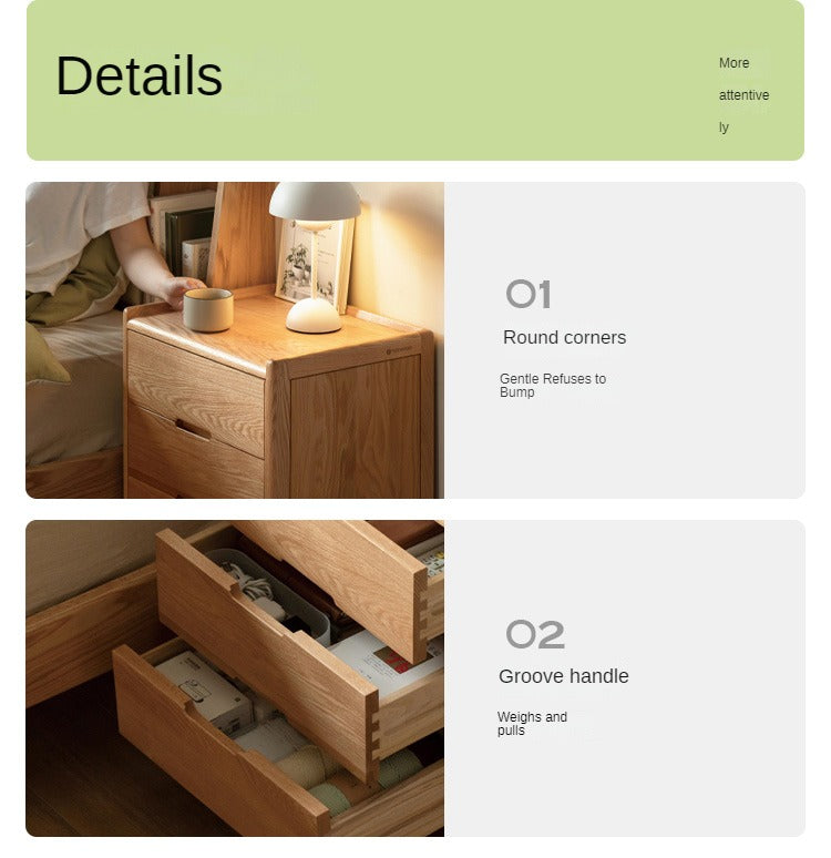 Solid Oak Wood Nightstand - Modern Nordic Style Bedside Table for Bedroom, Living Room, or Office
