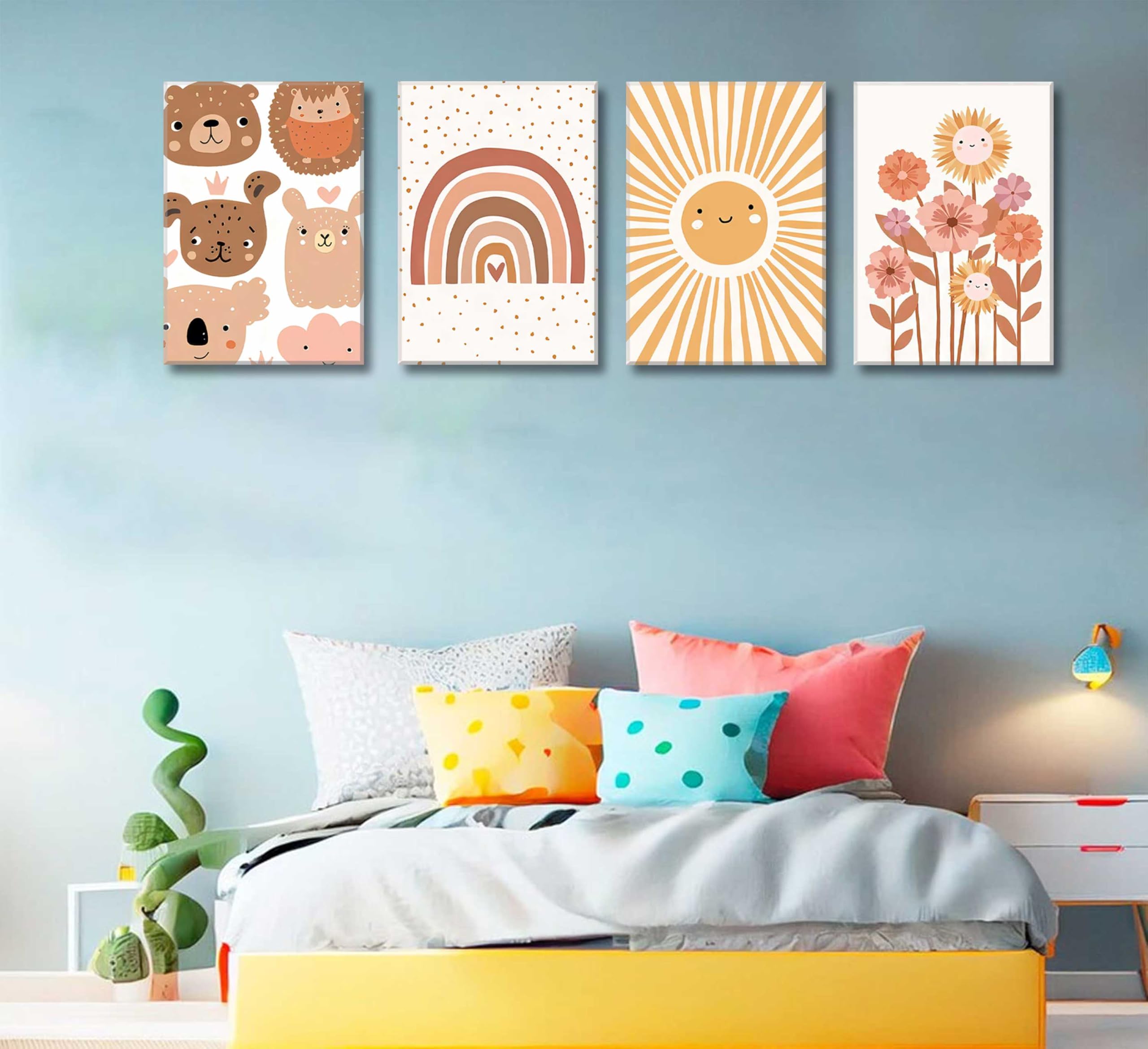 6Pcs Boho Nursery Canvas Wall Art - Rainbow, Sunflower & Cute Animal Paintings for Kids Room Decor | Framed Children's Prints for Baby Girl's Pink Bedroom (Perfect for Nursery, Playroom & Birthday Gifts)
