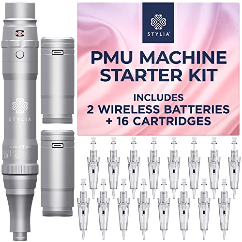 Stylia Professional PMU Machine Kit - Wireless Permanent Makeup Pen with 2 Rechargeable Lithium Batteries, Power Adapter & 16 PMU Cartridges - Microblading & Cosmetic Tattoo Supplies - Low Noise High Speed Motor - Perfect for Eyebrow Microblading, Lip Blushing & Beauty Salon Use