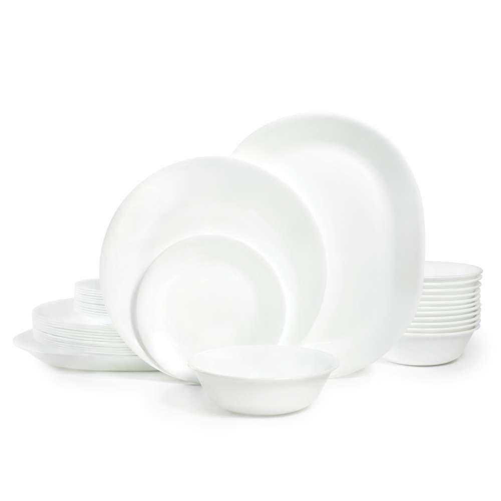 Corelle Vitrelle 38-Piece Dinnerware Set for 12 - Triple Layer Chip Resistant Glass Plates & Bowls - Lightweight Round Dishes in Winter Frost White - Perfect for Family Dinners, Entertaining Guests & Everyday Use
