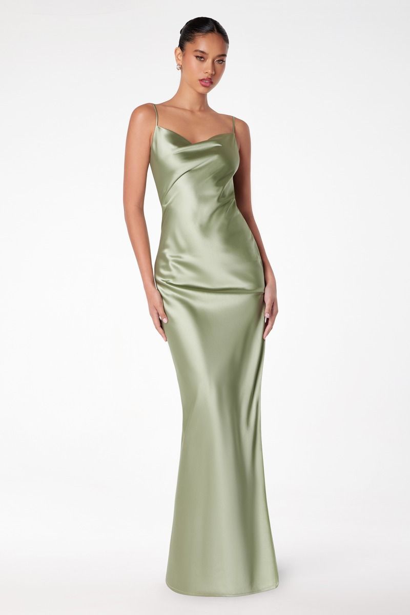 Lina Maxi Dress - Cowl Neck Front & Draped Back Fitted Satin Evening Gown for Women | Perfect for Weddings, Parties & Special Occasions