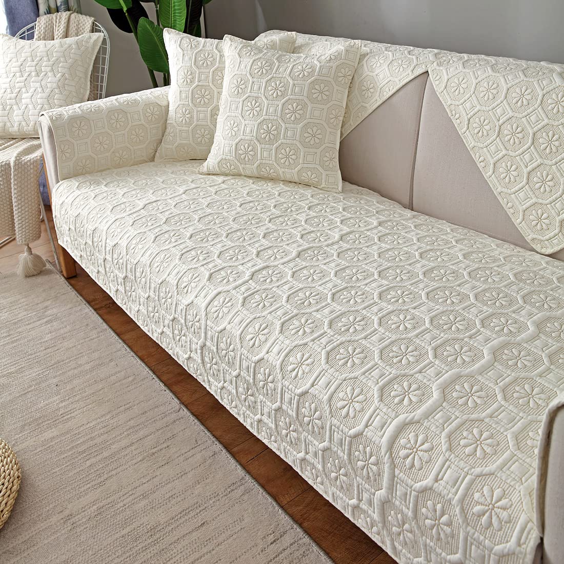 VCTOPS Geometric Embroidery Cotton Sofa Cover - Farmhouse Style Sectional Couch Slipcover for Pets, Dogs & Cats - Fits L-Shaped Leather Love Seat Recliner with Armrest & Backrest Protection (Cream Flower, 36x63 Inches) - Perfect for Living Room, Family Room & Pet-Friendly Home Decor