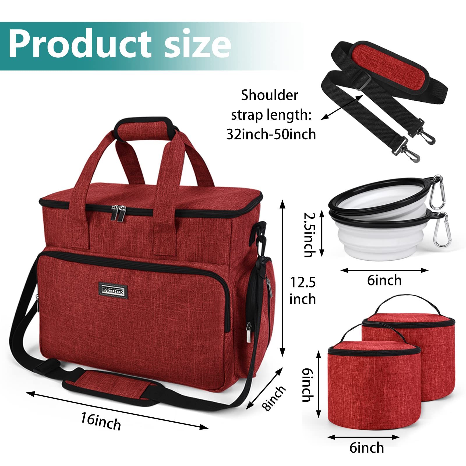 BAGLHER Dog Travel Bag - Waterproof Pet Carrier with 2 Food Containers & Collapsible Bowls | Essential Travel Accessories for Dogs & Cats | Perfect for Road Trips, Camping & Airplane Travel