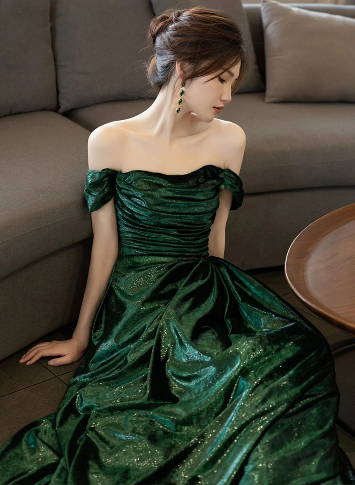 Elegant A-Line Green Off-Shoulder Long Prom Evening Dress J4469 - Perfect for Formal Events, Weddings & Special Occasions