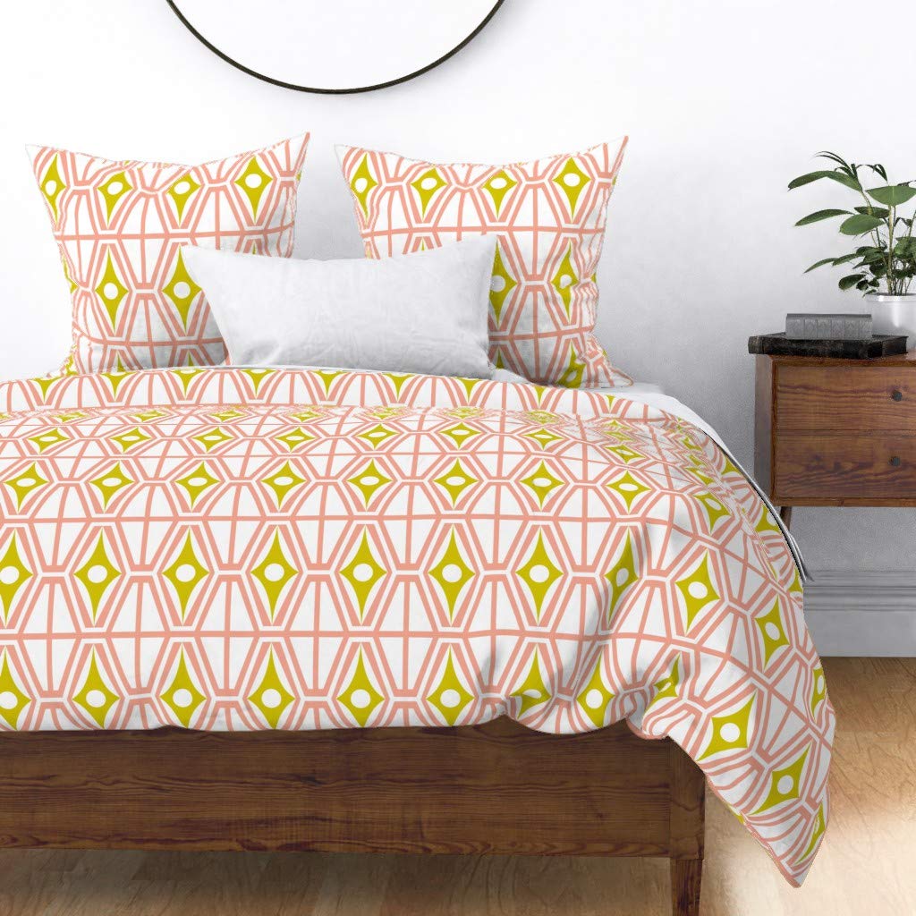 Midcentury Modern Retro Geometric Duvet Cover - King/California King Size, Blush Pink & Yellow Vintage Abstract Diamond Print | 100% Cotton Sateen Custom Bedding for Master Bedroom & Guest Room Decor
