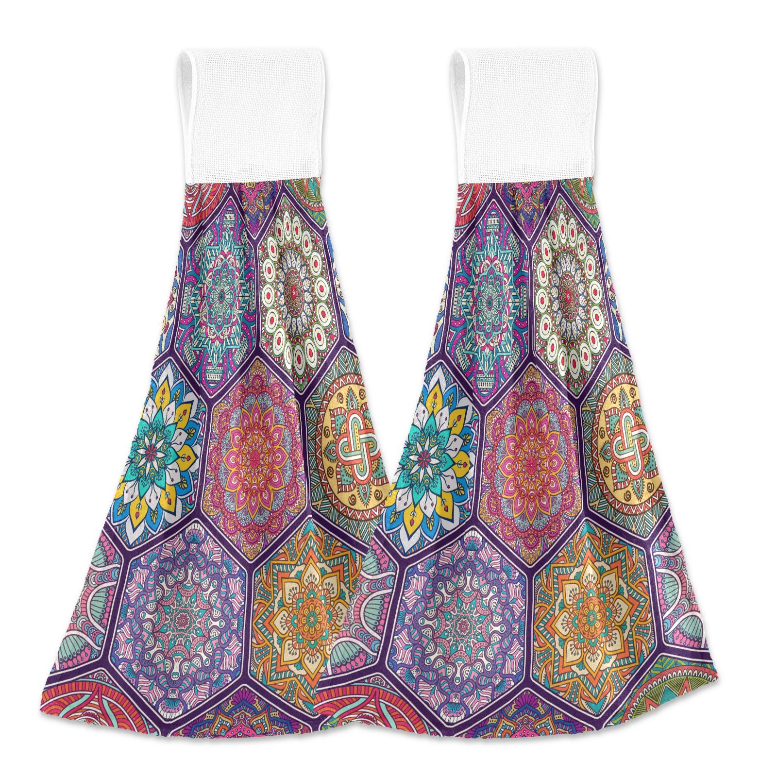 Colorful Geometric Mandala Hanging Kitchen Towels Set of 2 - Soft Absorbent Bath & Hand Towels 12x17 Inch for Dishes, Drying Hands & Home Decor - Perfect for Kitchen, Bathroom & Farmhouse Style Decor