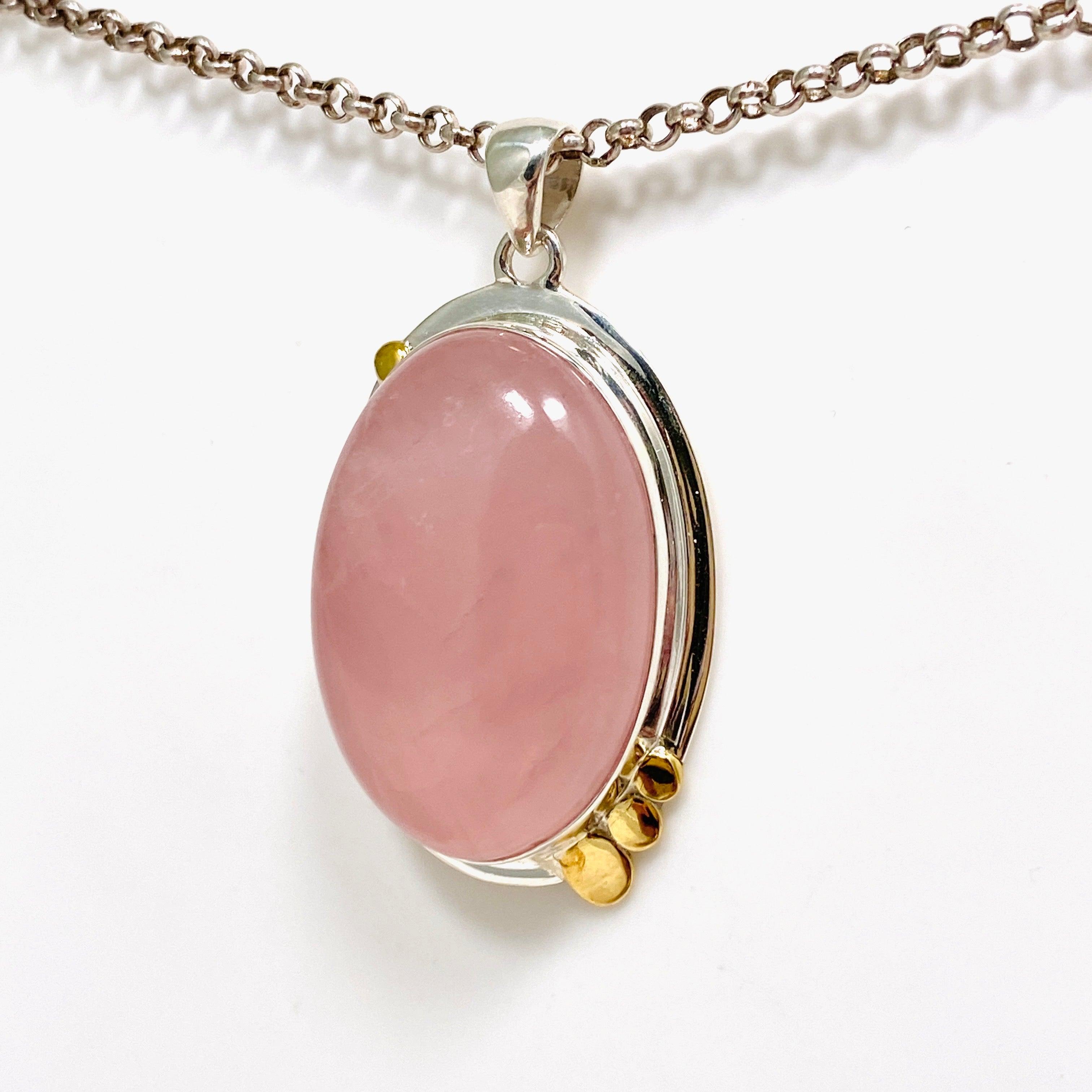 Rose Quartz Oval Pendant Necklace with Brass Accents - KPGJ4312 | Healing Crystal Jewelry for Women, Spiritual Gift & Everyday Elegance