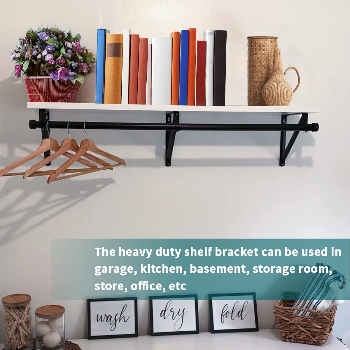 Heavy Duty Closet Bracket Support - Black Wall Mounted Shelf & Rod Brackets (2 Pack) - Perfect for Closet Organization, Laundry Room Storage & Garage Shelving