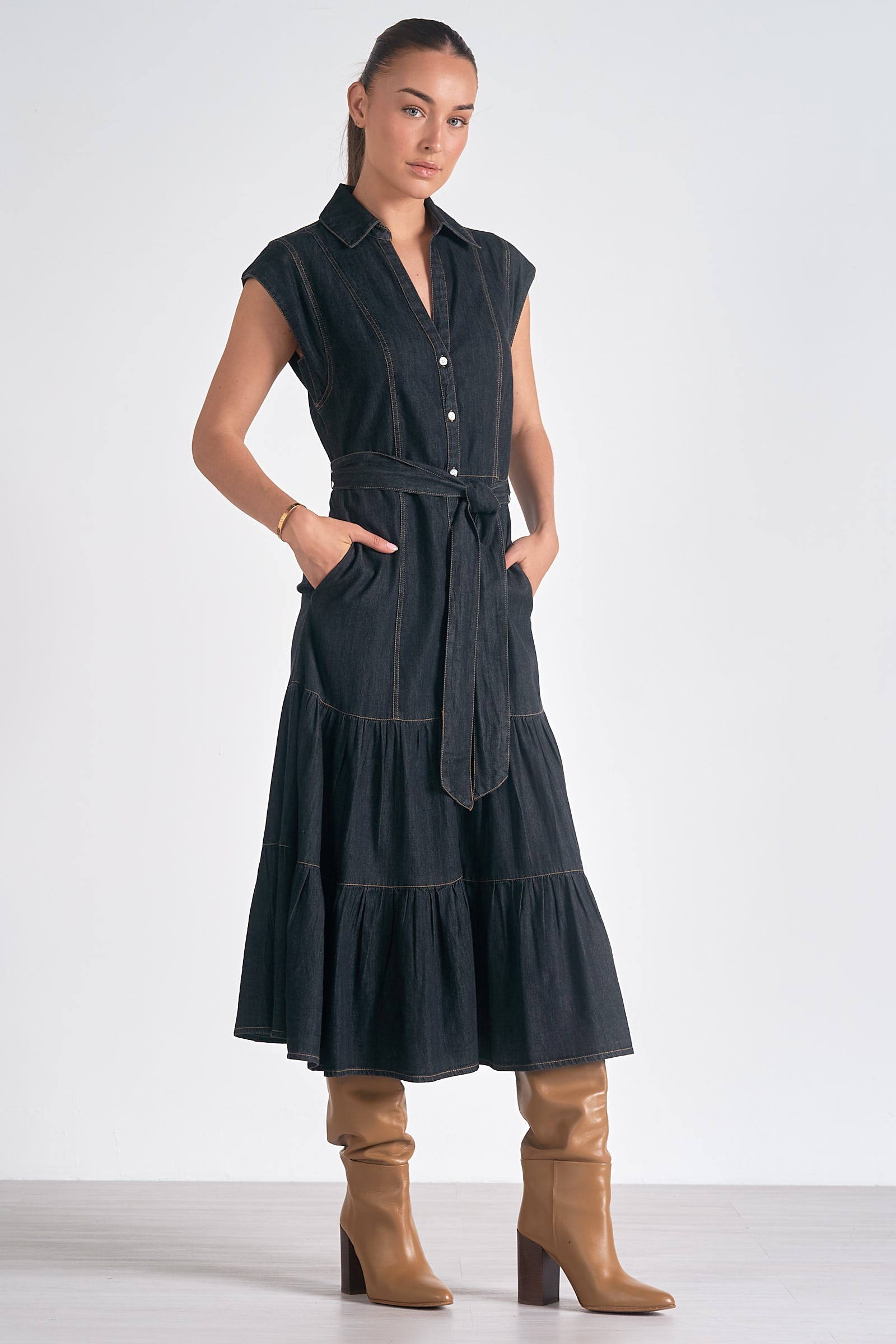 Daria Women's Midi Denim Dress - Vintage Blue Stretch Denim Skater Dress with Pockets | Perfect for Casual Outings, Date Nights & Summer Vacations