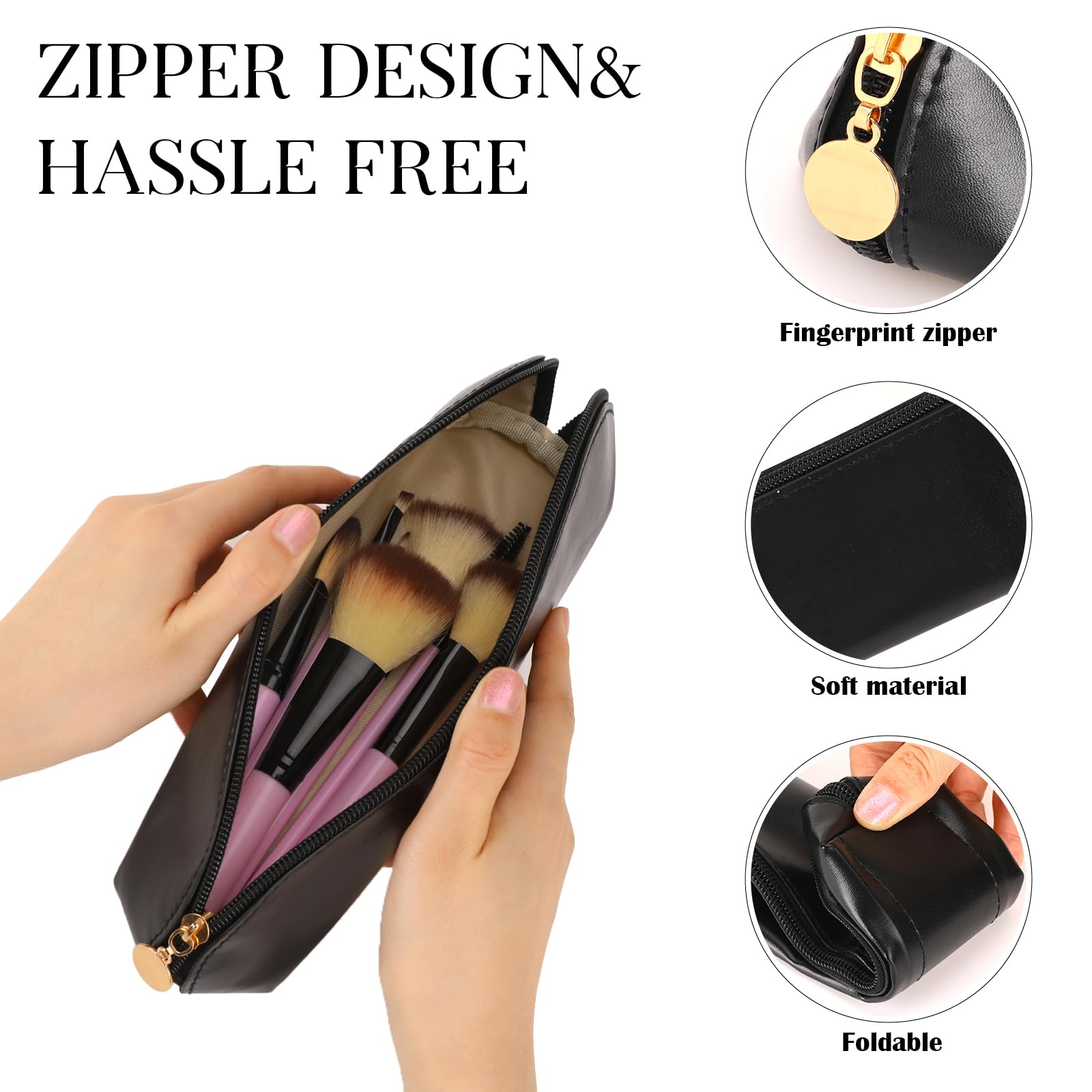 Portable Travel Makeup Brush Holder - Zippered Cosmetic Bag for Outdoor & Travel (Black)