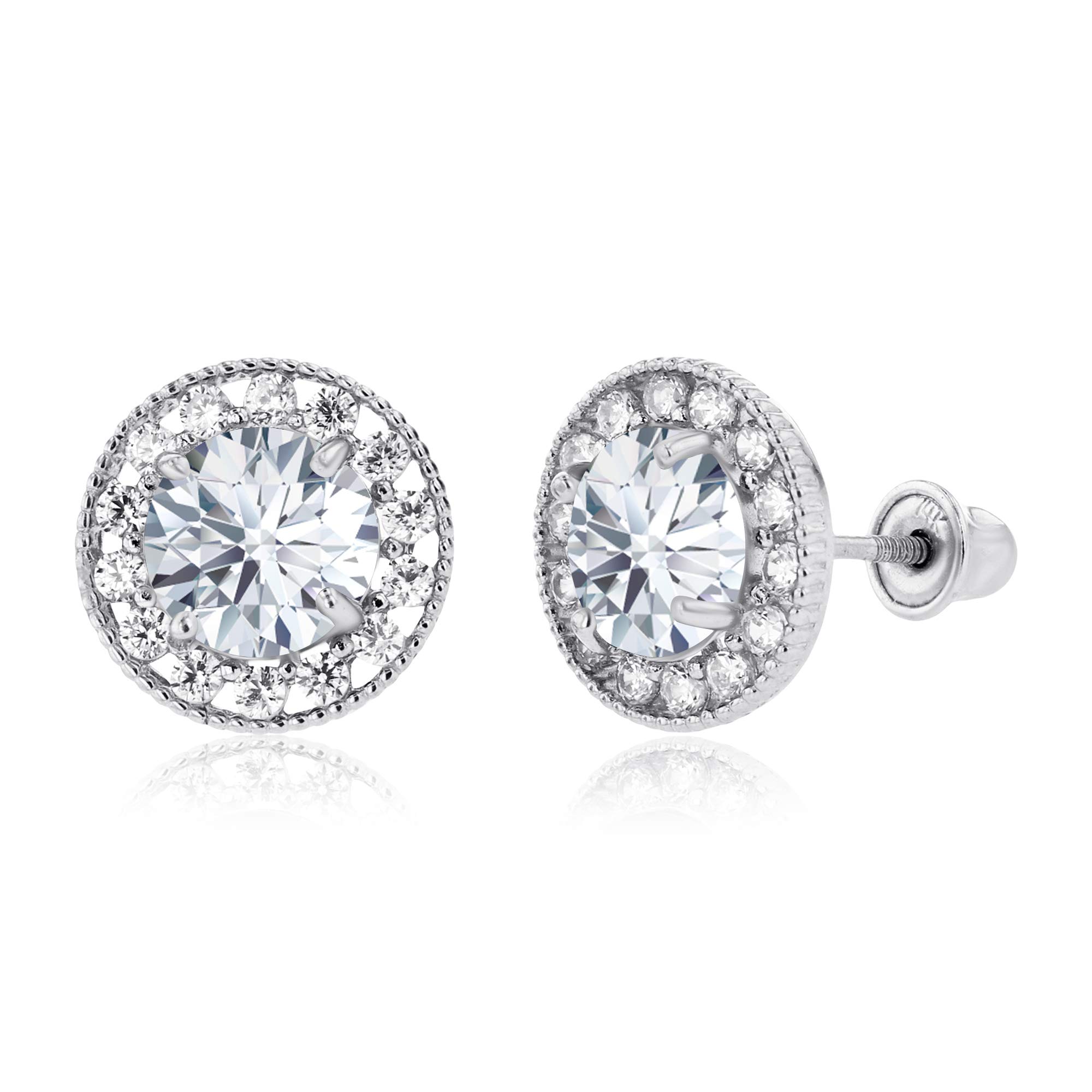 14K Solid Gold 9mm Halo Birthstone Screwback Stud Earrings for Women | 6mm Round Gemstone | 1.25mm White Sapphire Halo Earrings | Perfect for Birthdays, Anniversaries & Everyday Elegance