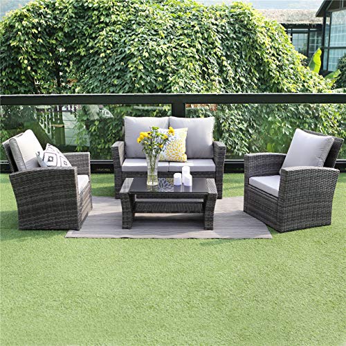 4-Piece All-Weather Wicker Patio Furniture Set - Outdoor Rattan Sectional Sofa with Cushions & Coffee Table - Grey Conversation Set for Balcony, Garden, Backyard - Perfect for Relaxing & Entertaining Outdoors