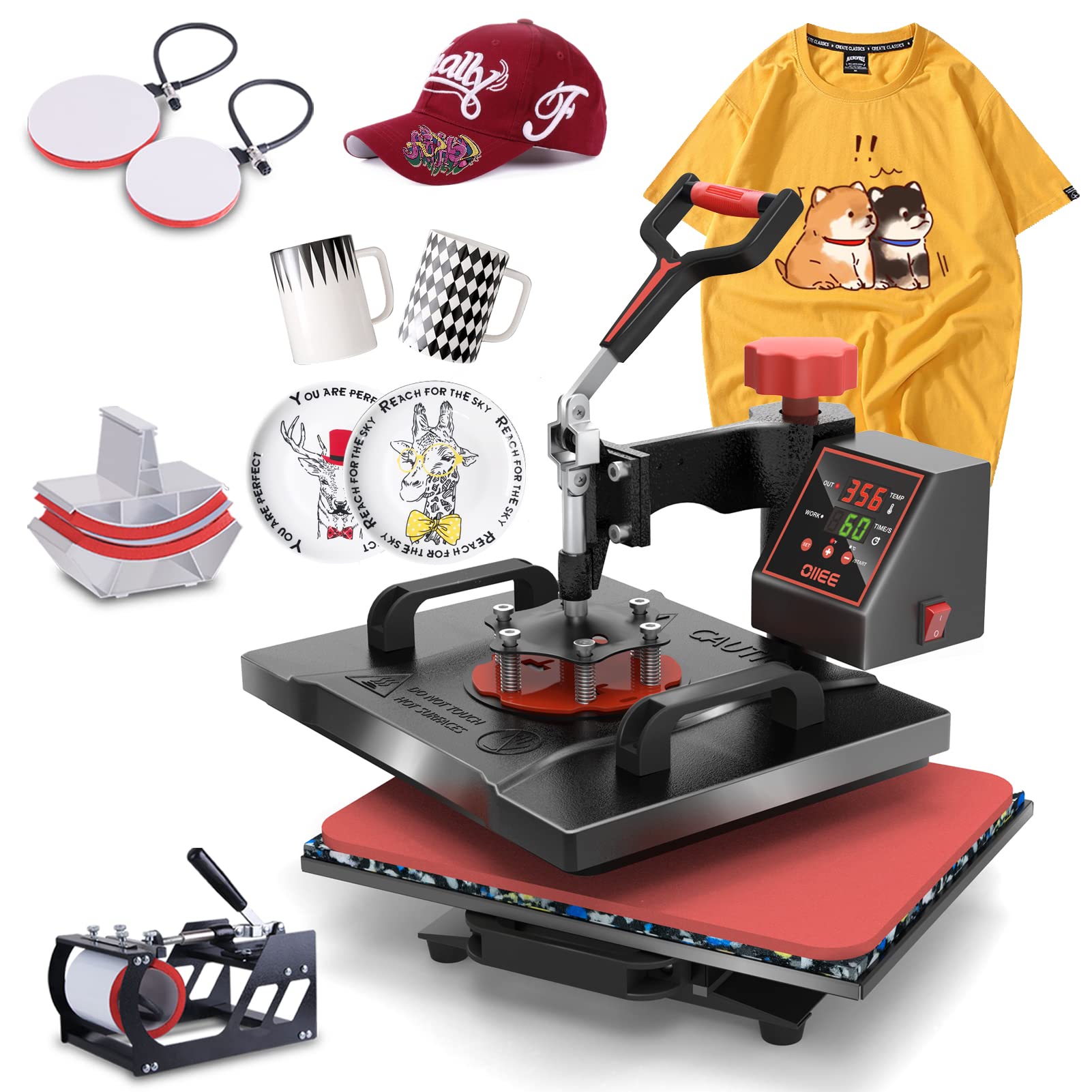 OIIEE 5-in-1 Heat Press Machine Combo - 12x15 Inch Digital T-Shirt Printer with 360° Swing Away, Sublimation Heat Transfer for Shirts, Mugs, Hats & Plates | Perfect for DIY Custom Apparel, Personalized Gifts & Small Business Printing