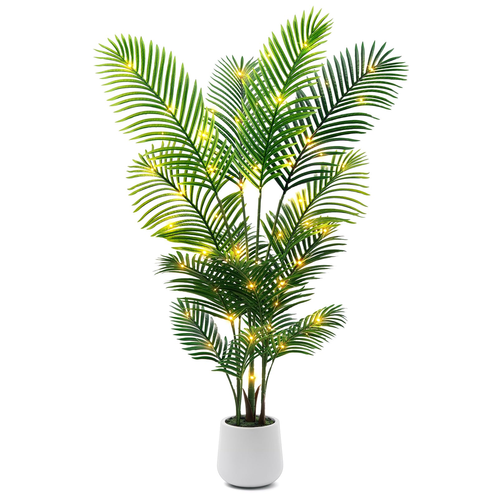 5ft Artificial Palm Tree Indoor with LED Fairy Lights & White Planter - Realistic Faux Tropical Areca Palm Plant with Adjustable Branches for Home, Office, Living Room Decor - Perfect for Corner Spaces, Parties & Tropical-Themed Events