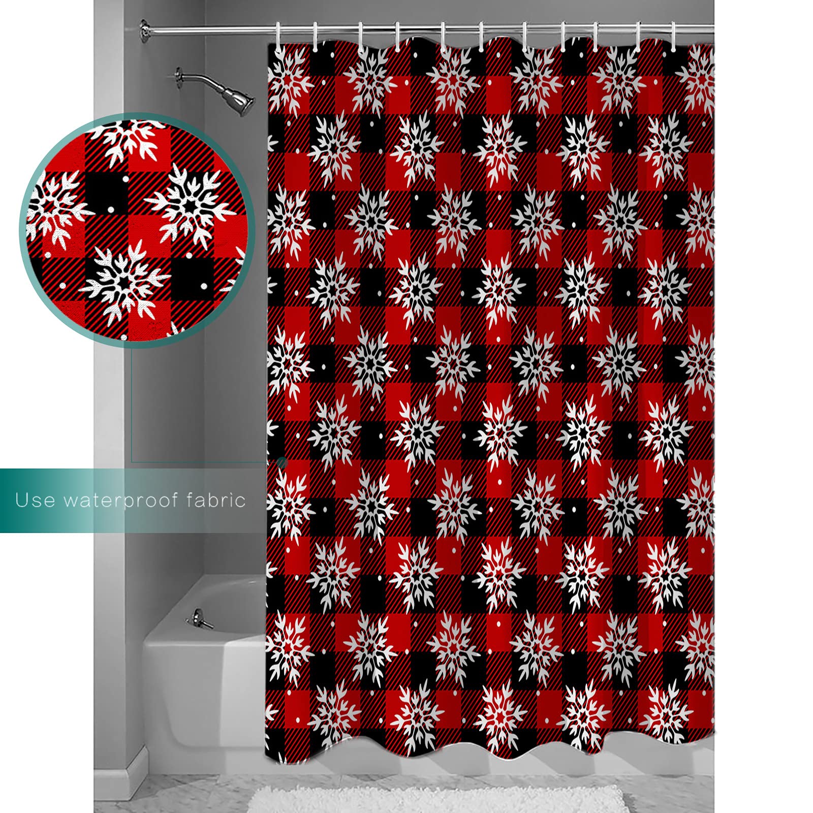 Waterproof Christmas Snowflake Buffalo Plaid Shower Curtain Set with Hooks - 60x72 Inch Holiday Bathroom Decor for Bathtub, Shower & Home - Perfect for Xmas Party, Winter Home Decoration & Gift Giving