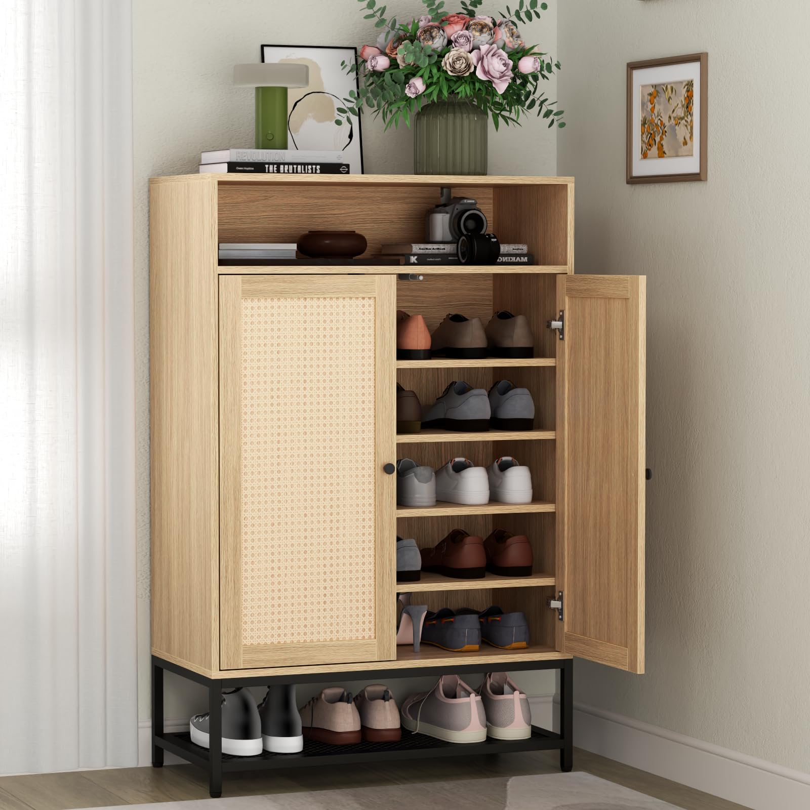 7-Tier Rattan Shoe Cabinet with Adjustable Shelves - Entryway Shoe Storage Organizer for 20 Pairs - Natural Woven Shoe Rack for Hallway, Closet & Living Room - Perfect for Small Space Organization & Home Décor