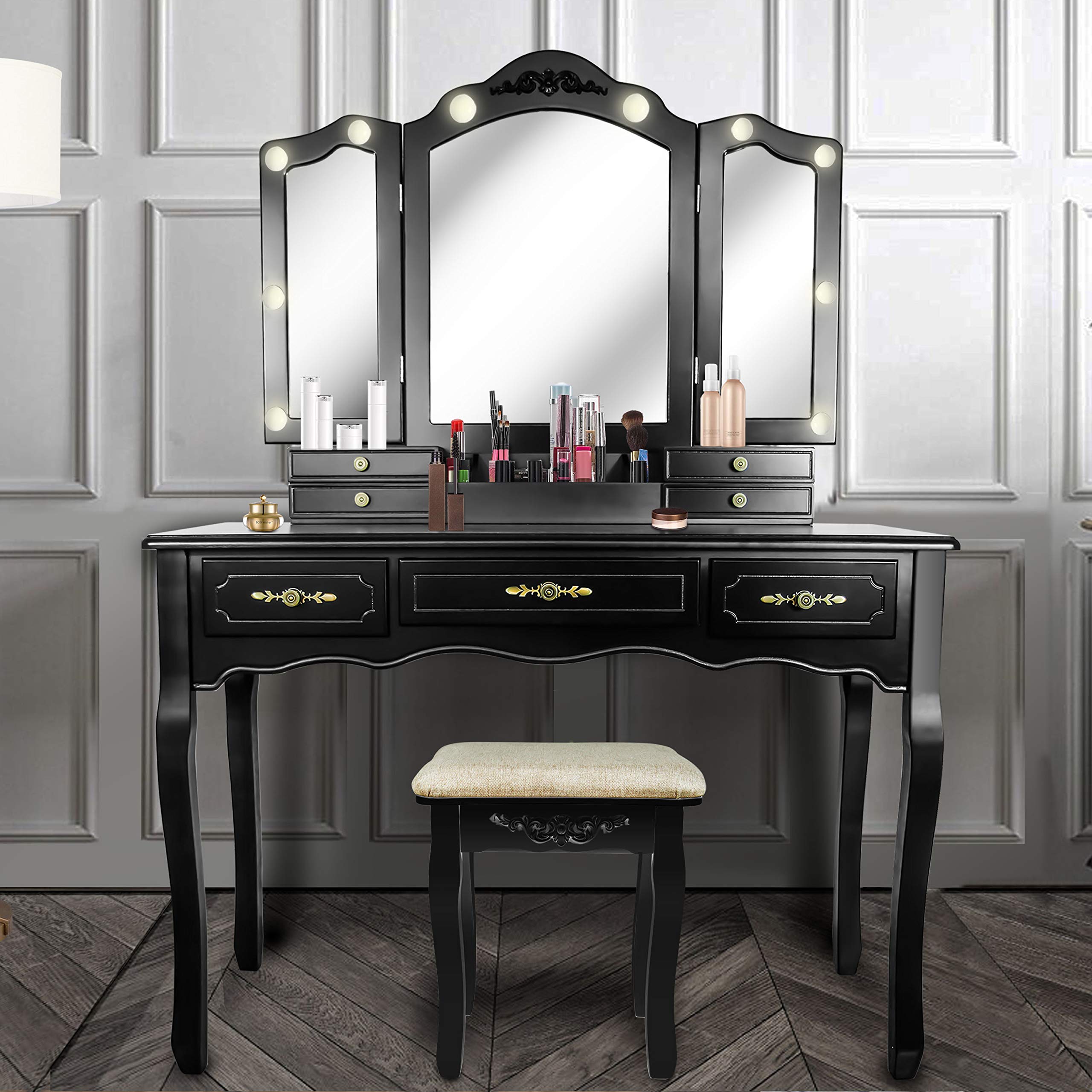 ENSTVER Vanity Beauty Station with Tri-Folding Mirrors - 7 Drawers Makeup Dressing Table with Cushioned Stool, Black | Perfect for Bedroom, Bathroom & Salon Organization | Compact Makeup Vanity Set for Women & Teens