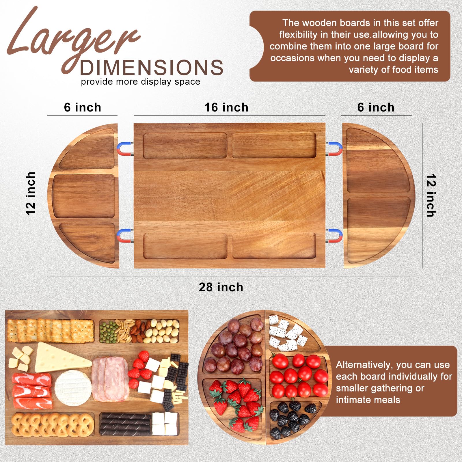 28x12 Inch Extra Large Wooden Charcuterie Board Set - 3-Piece Magnetic Cheese Serving Tray with Acacia Wood Platter for Charcuterie, Cheese & Meat | Perfect for Entertaining, Housewarming Gifts & New Home Gifts for Women