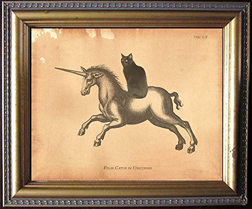 Vintage Black Cat Riding Unicorn Wall Art Print - Semi-Matte Tea Stained Background, Unique Dog Lover Gift for Her, Perfect for Home Decor & Pet Mom Presents | Ideal for Living Room, Bedroom or Office Wall Decor