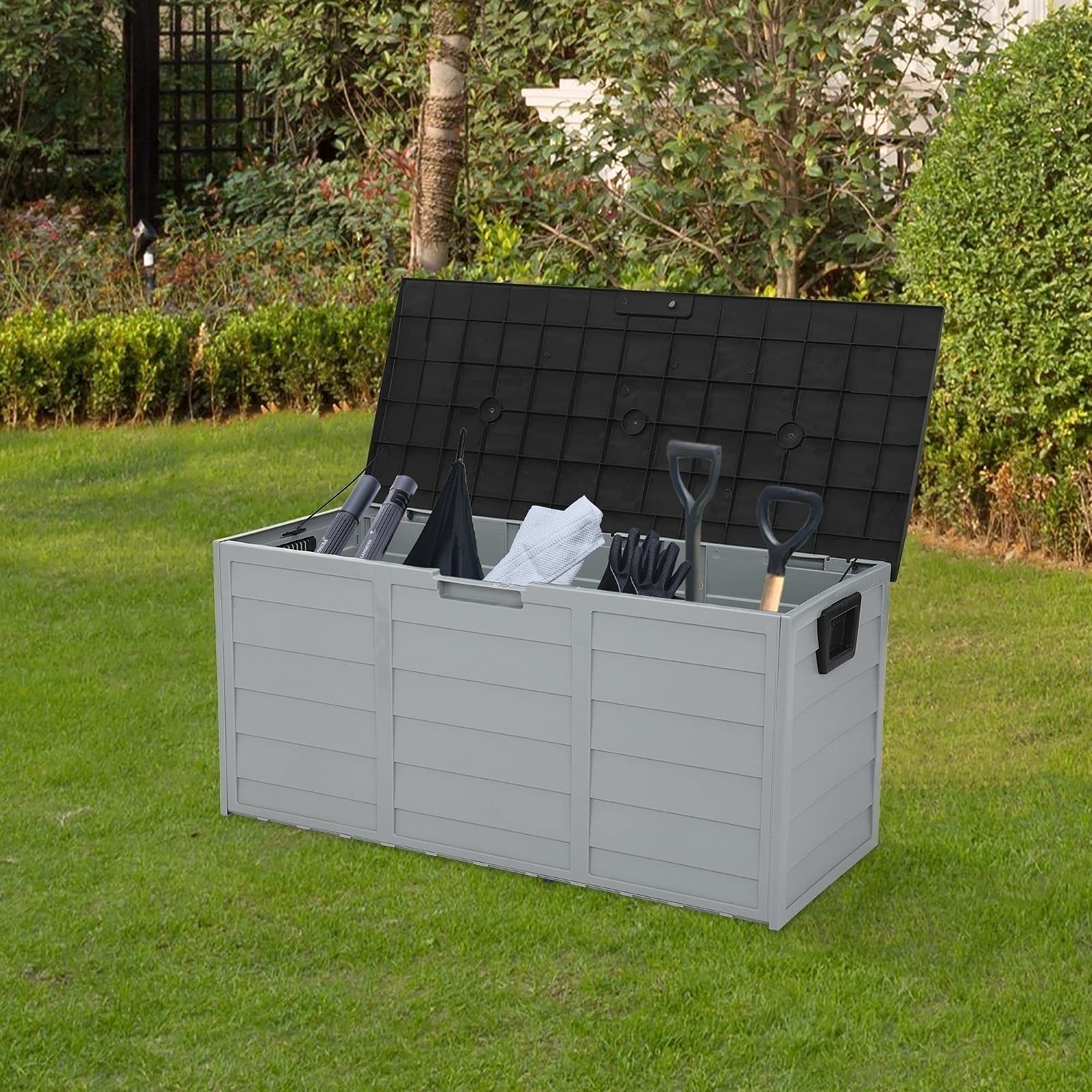 75 Gallon (260L) Waterproof Lockable Outdoor Storage Box - Deck, Patio & Garden Organizer for Pillows, Pool Toys, Tools & Sports Equipment | Weather-Resistant Gray Plastic Bin with Seat | Perfect for Backyard, Poolside & Garage Storage