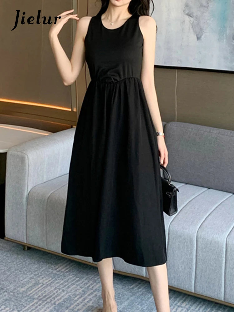 Black O-Neck Sleeveless Slimming Tank Dress for Women - High Waist Solid Color Summer Maxi Dress - Perfect for Casual Wear, Office & Beach Outfits