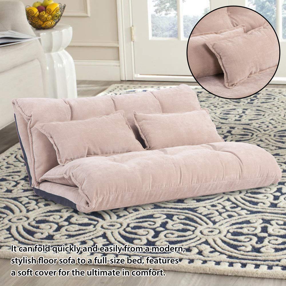 Foldable Floor Sofa Bed - Soft Upholstered Adjustable Recliner Lounger for Living Room, Gaming, and Guest Sleeping | Includes 2 Pillows | Beige | Perfect for Small Spaces, Movie Nights, and Relaxation