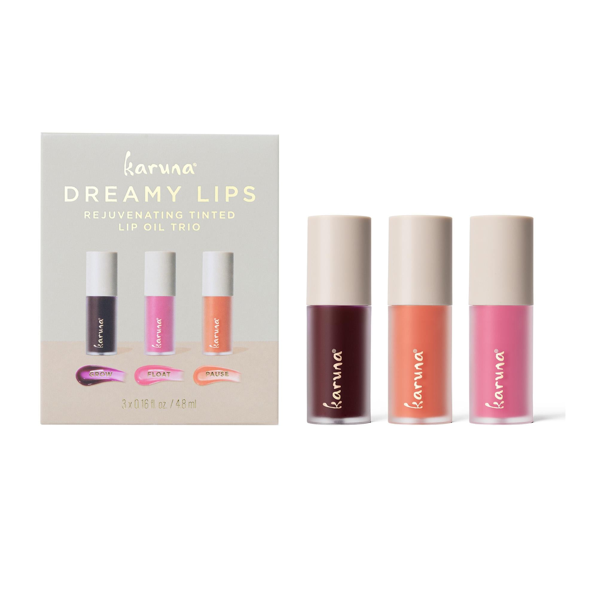 Karuna Dreamy Lips Rejuvenating Tinted Lip Oil Trio Set - Hydrating & Plumping Lip Treatment for Dry Lips - Perfect for Daily Moisture, Night Care & Makeup Looks