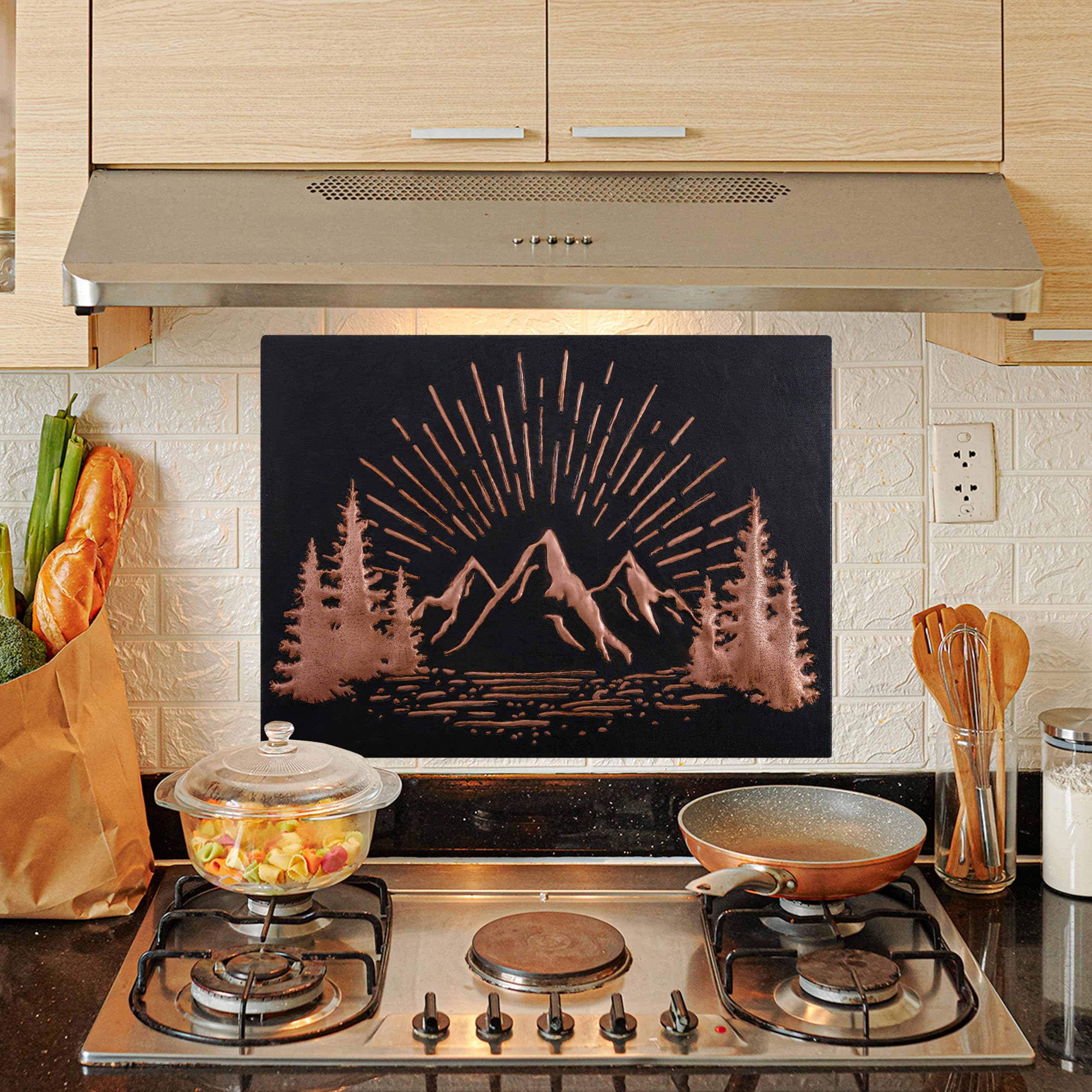 Handmade Copper Kitchen Backsplash Tile - Rising Sun Mountain Scene Wall Decor for Indoor & Outdoor Use | Nature-Inspired Black Copper Backsplash Panel for Modern Kitchens, Bathrooms & Patios