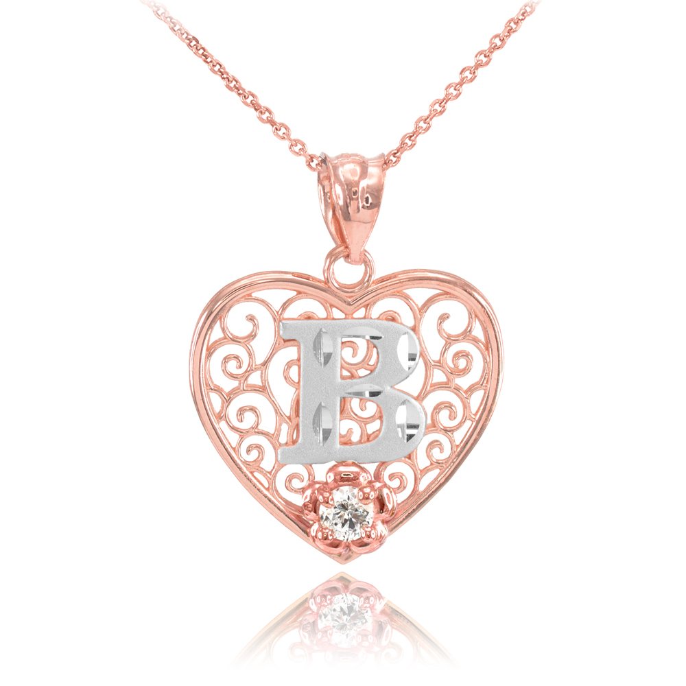 10K Two-Tone White and Rose Gold Filigree Heart Pendant Necklace with CZ Flower Initial Letter - 20