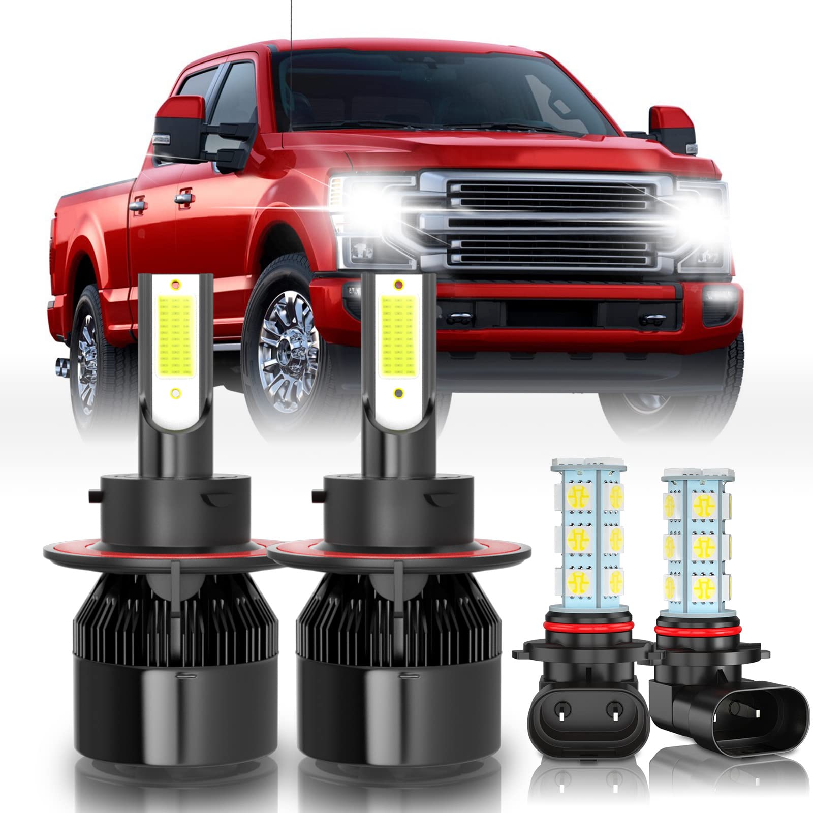 9008 9005 LED Headlight Bulbs for Ford F250 F350 Super Duty 2005-2020 - 60W 10000LM 6000K Xenon White High/Low Beam & Fog Light Combo - Super Bright, Plug and Play - Pack of 4 - Perfect for Night Driving & Off-Road Adventures